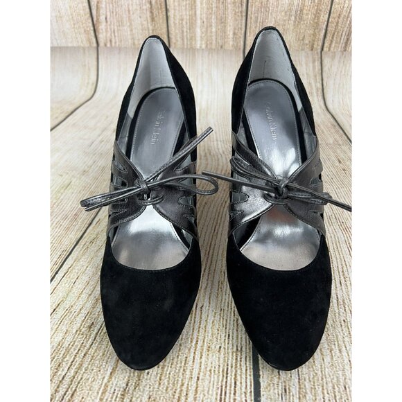 Calvin Klein Lace Up Heels Pumps Retro Pinup Sz 8M Black Silver Suede Leather - Picture 5 of 8